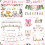 Wild One Jungle Theme First Birthday Party Supplies - Pink Safari Backdrop, Tablecloth, Balloon Arch & Blocks