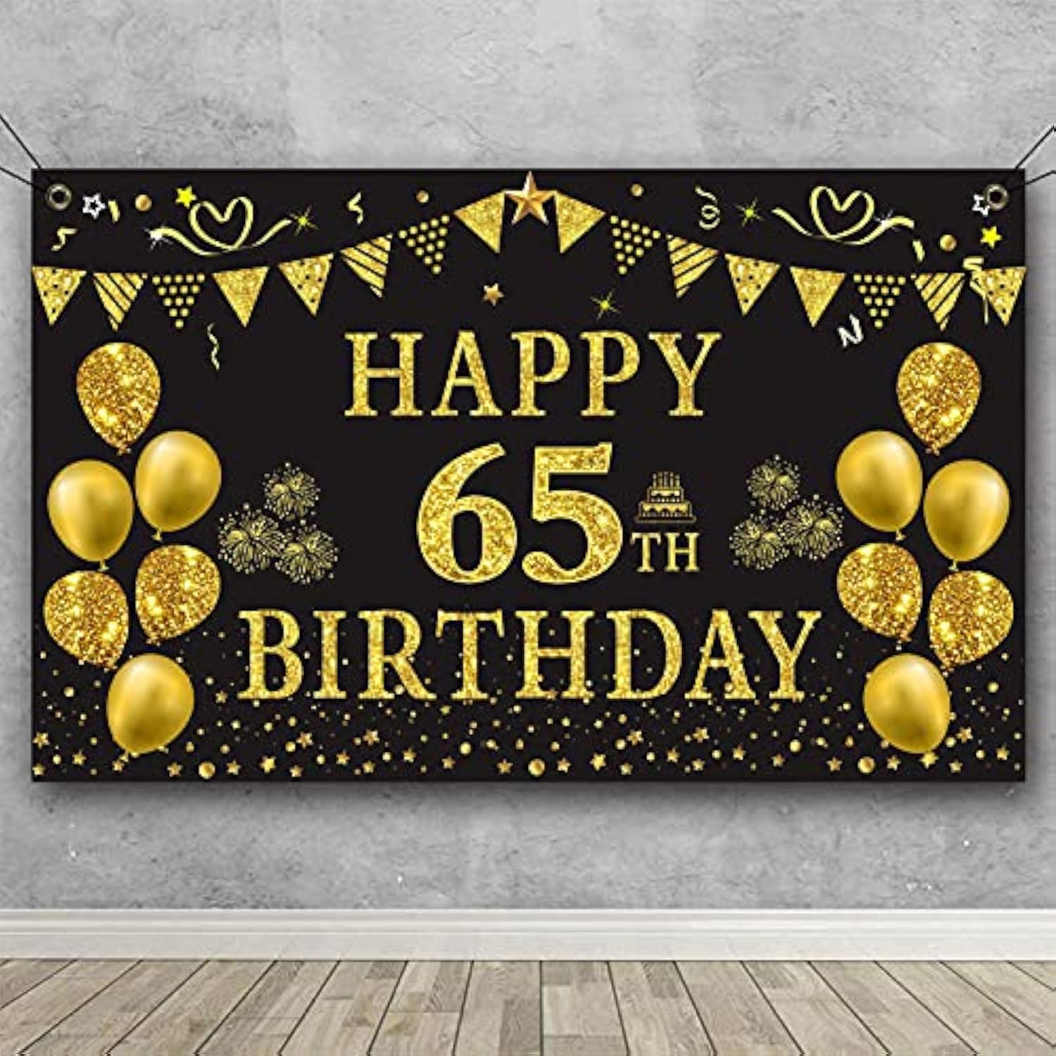 Gold & Black 65th Birthday Backdrop Banner for Party Photos