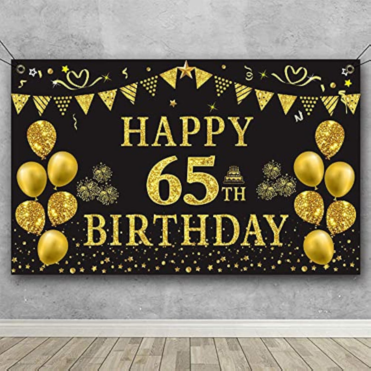 Gold & Black 65th Birthday Backdrop Banner for Party Photos