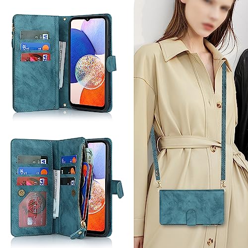 for  Galaxy A14 5G Wallet Case with Card Holder for Women, Crossbody Lanyard Strap Kickstand PU Leather Case with Zipper Pocket Credit Card