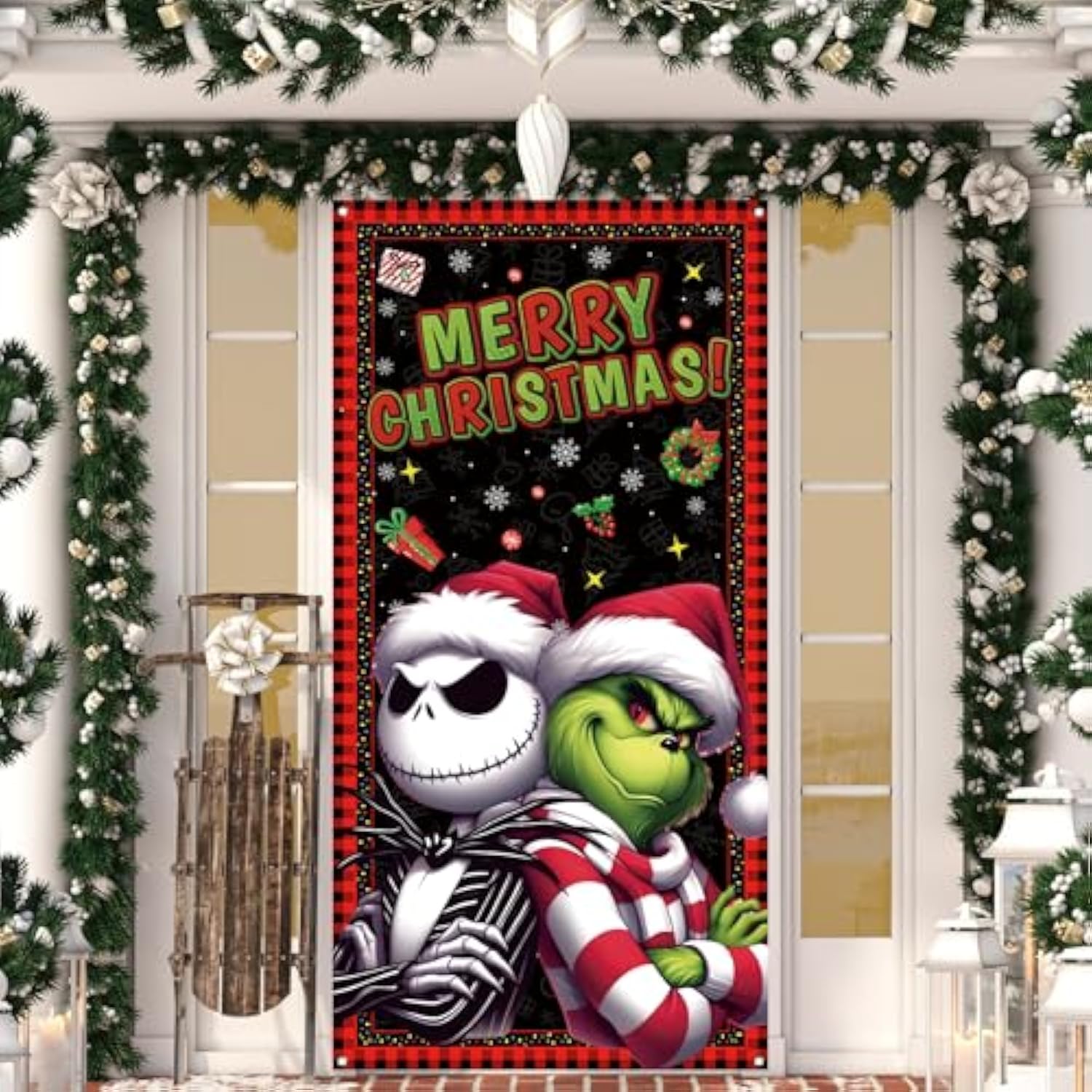 Merry Christmas Door Cover Christmas Photo Backdrop Xmas Winter Holiday Party Decorations And Supplies For Home-71×35''