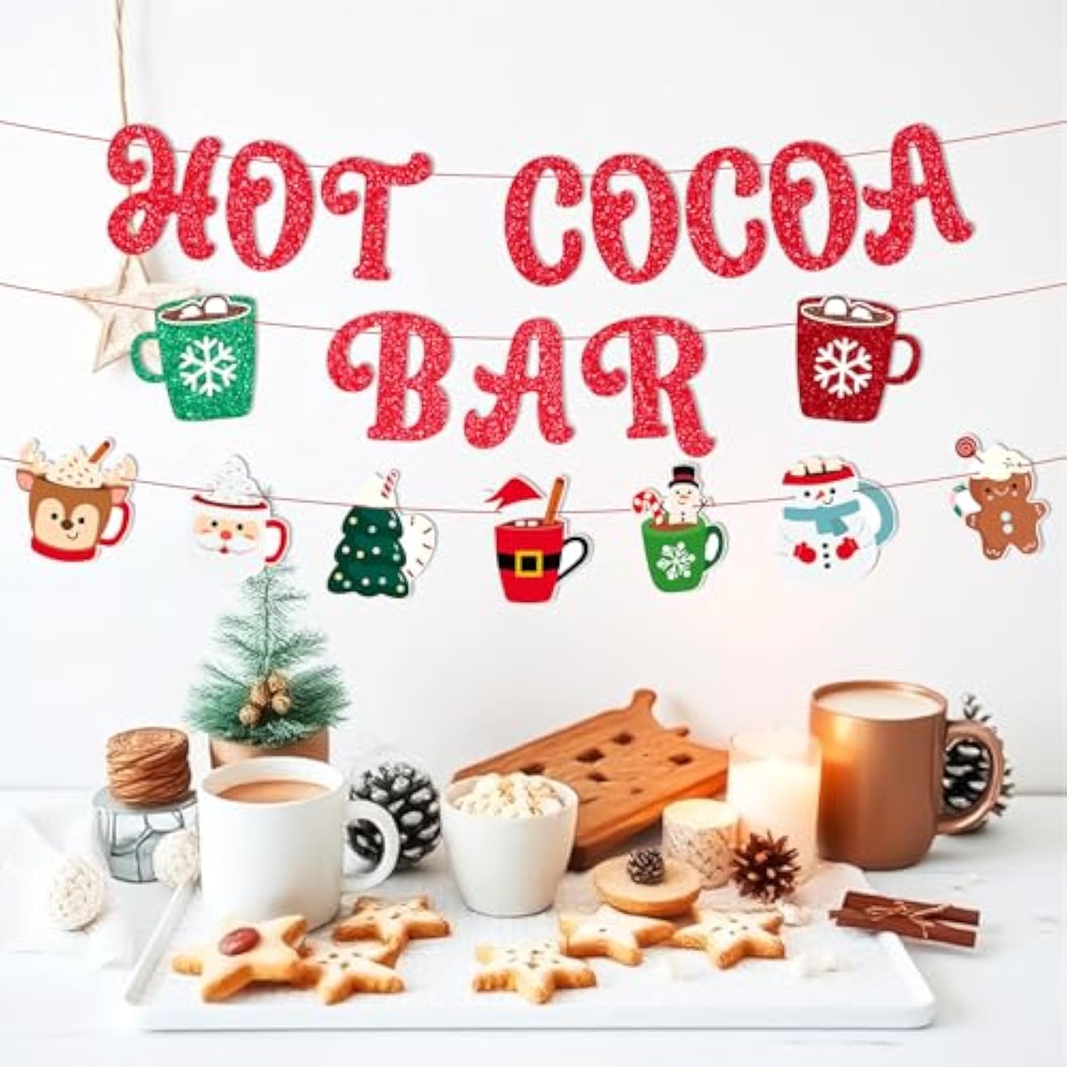 Christmas Hot Cocoa Bar Banner Red Glitter Garland Santa Snowman Gingerbread