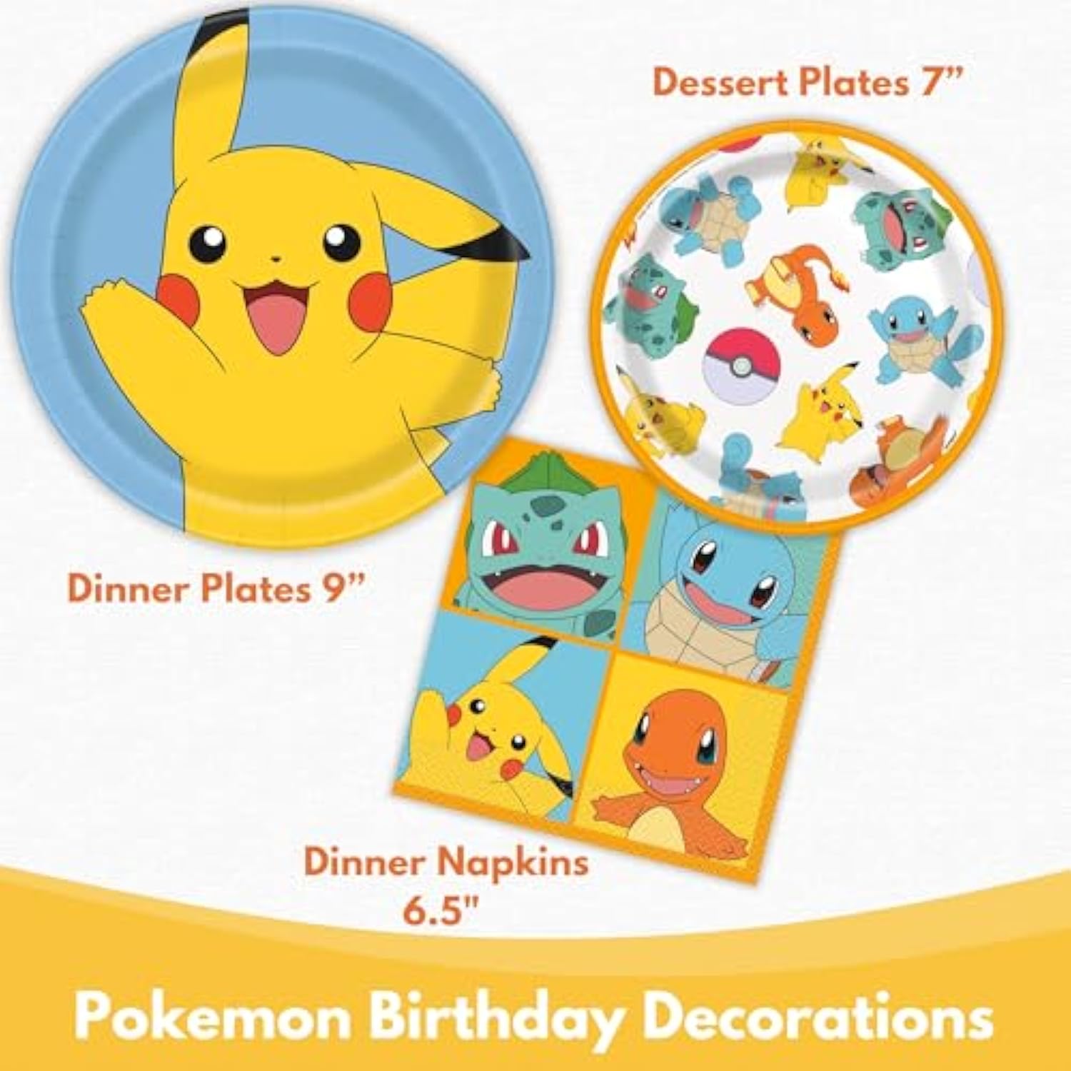Pokemon Plates and Napkins - Pokemon Birthday Party Decorations - 8 Dinner and 8 Dessert Plates, 16 Napkins - Party Supplies - Officially Licensed