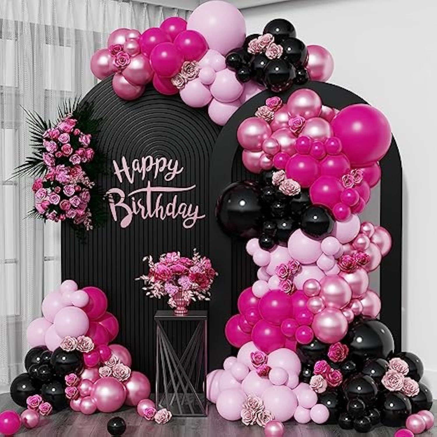 Pink & Black Balloon Garland Arch Kit, 153Pcs Black Magenta & Chrome Pink Balloons For Girls Birthday Decoration, Sweet 16 Party Supplies, Bridal Shower & Graduation Decor