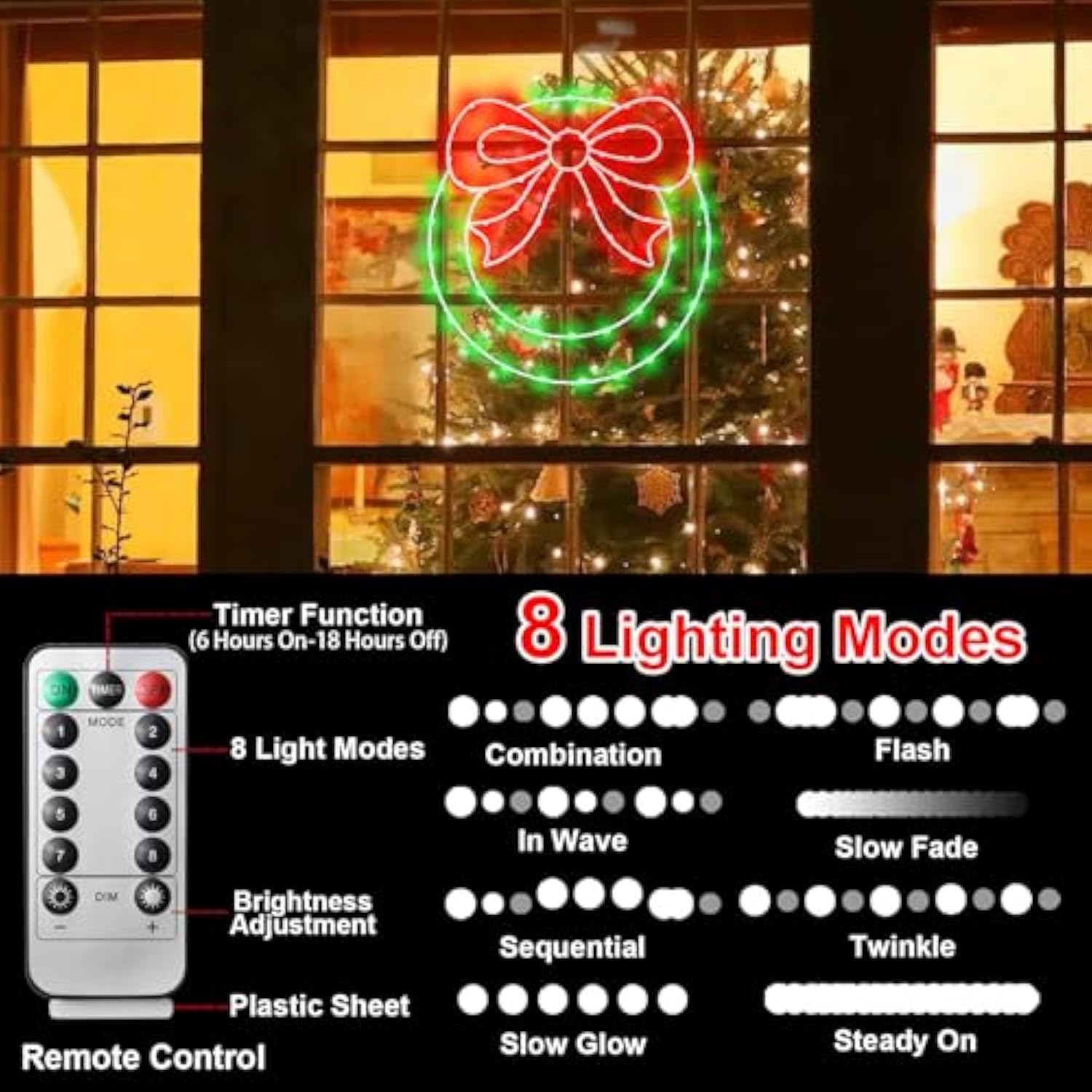 Christmas Wreath Window Lights Decorations, 14" 82Leds Christmas Wreath Lights With Bow, Timer Remote Control Usb Powere