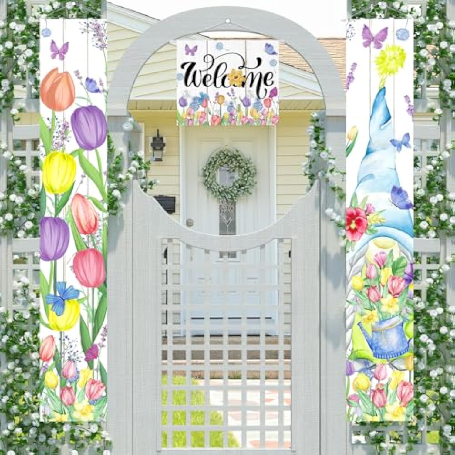 3Pcs Welcome Spring Smmer Door Banner Decorations Tulip Floral Mother'S Day Porch Sign Banner Gnome Hanging Door Banner For Indoor Outdoor Wall Decor Party Supplies