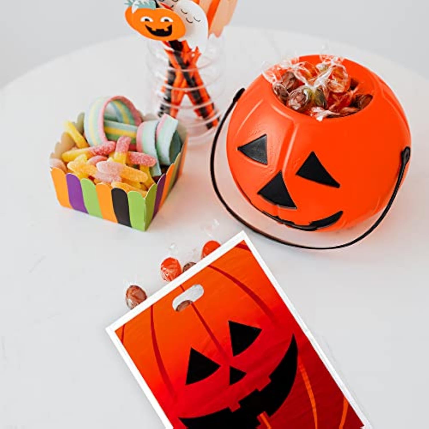 50 Piece 11" X 17" Jack-O-Lantern Trick Or Treat Bags Orange Pumpkin Face Halloween Plastic Candy Bags For Party Favors, Snacks, Decoration