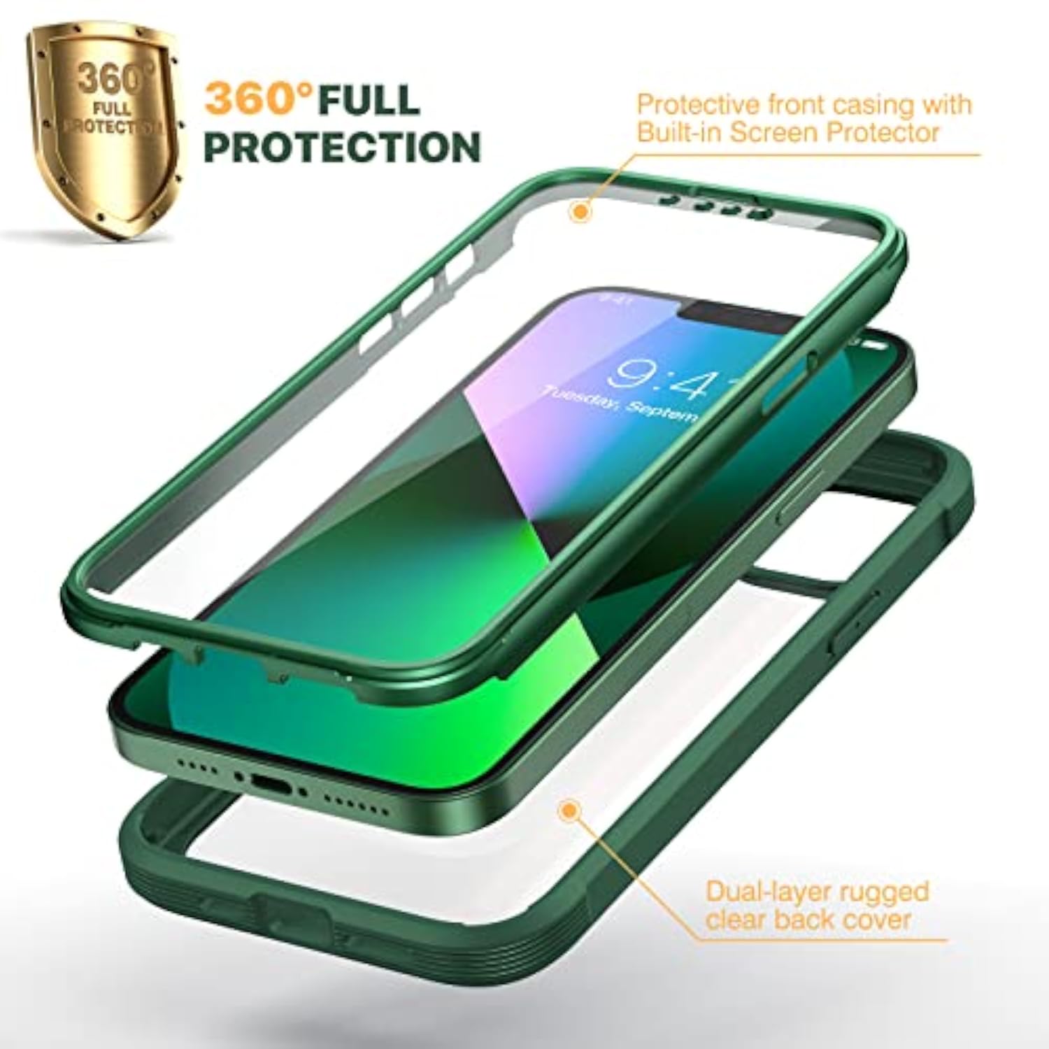 Rugged iPhone 13 Case with Touch Sensitive Screen Protector and Soft TPU Bumper for 6.1" iPhone 13 (Green and Clear)