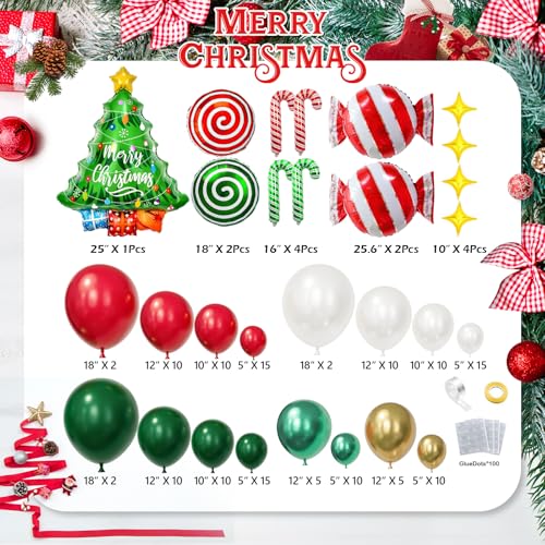 161pcs Christmas Balloon Garland Arch Kit with Red Green Pearl White Gold Metallic Green Balloons Candy Cane Xmas Tree Balloons Gold Star Balloon for Xmas Party Decorations