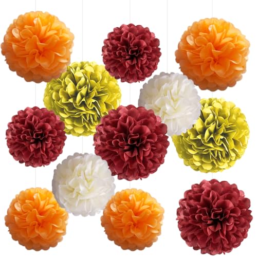 Tissue Paper Pom Poms Party Decorations Burgundy Gold Orange Ivory Paper Flower Balls Hanging Paper Pom Pom Flowers for Fall Wedding Bridal Shower Birthday Thanksgiving Autumn Party Backdrop Decor