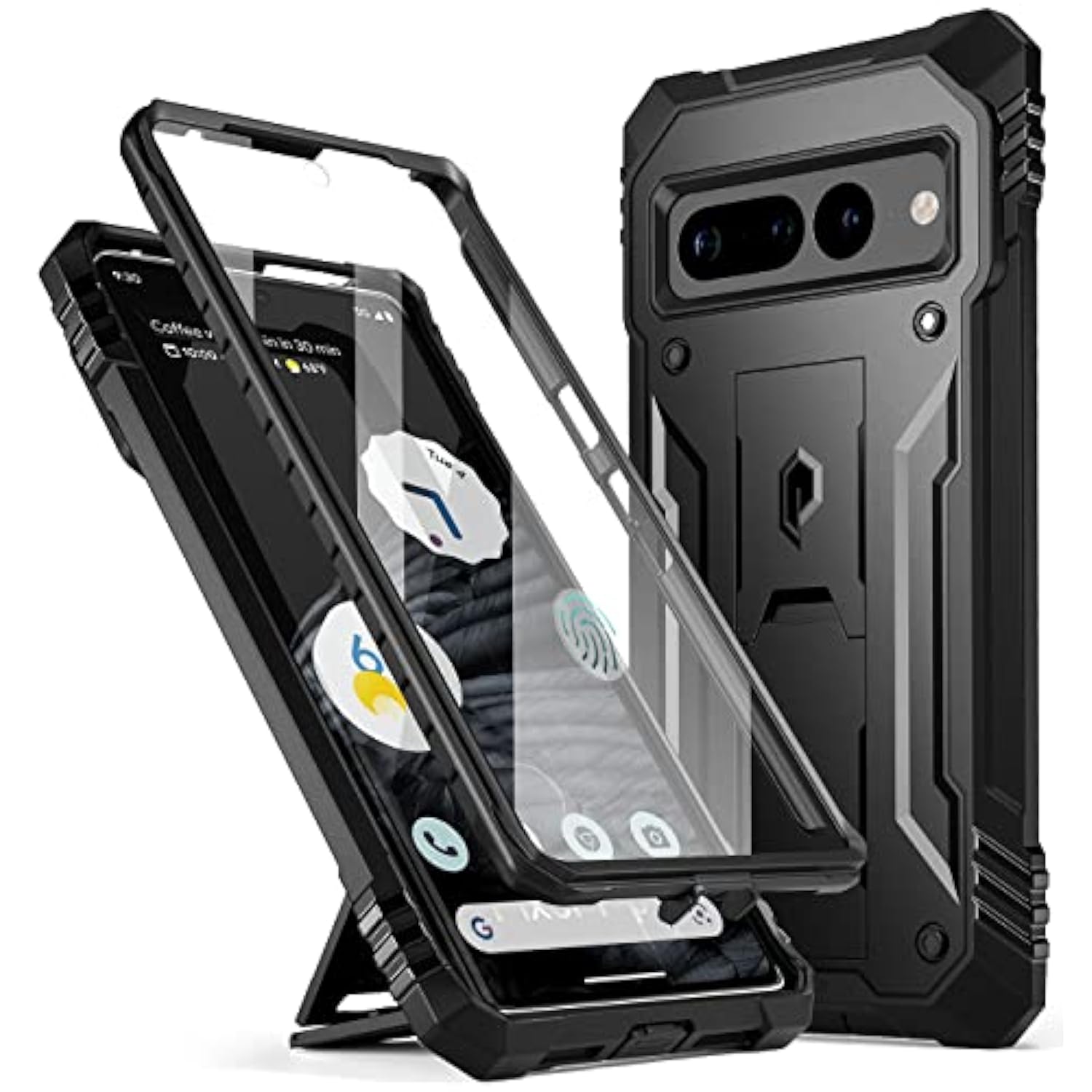 Revolution Case Compatible With Pixel 7 Pro 5G, Full Body Rugged Shockproof Protective Cover Case With Kickstand, Built-In Screen Protector Work With Fingerprint Id, Black