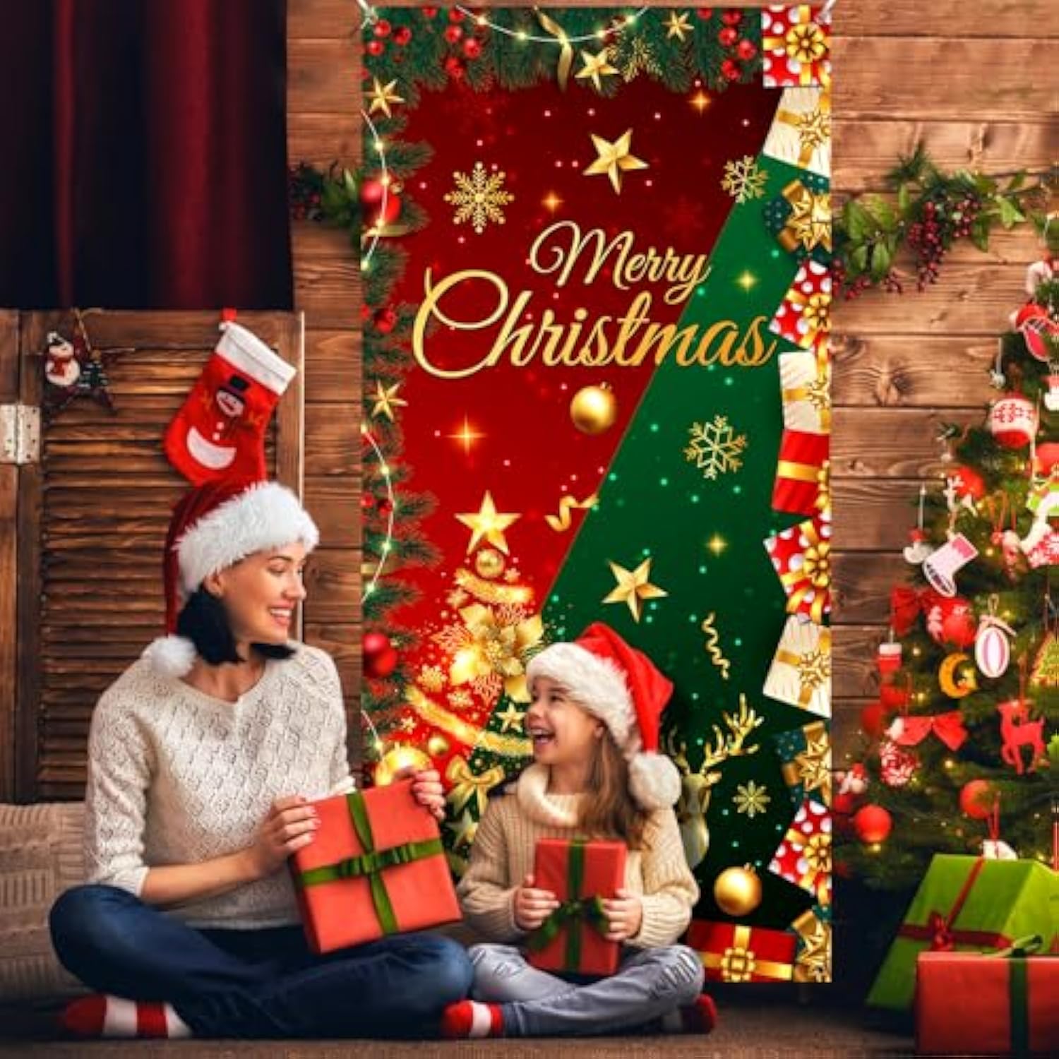 Red Green Christmas Door Cover Merry Christmas Door Decorations Banner Glitter Christmas Tree Elk Snowflake Porch Sign Backdrop Background For Christmas New Year Winter Holiday Party Decor Supplies