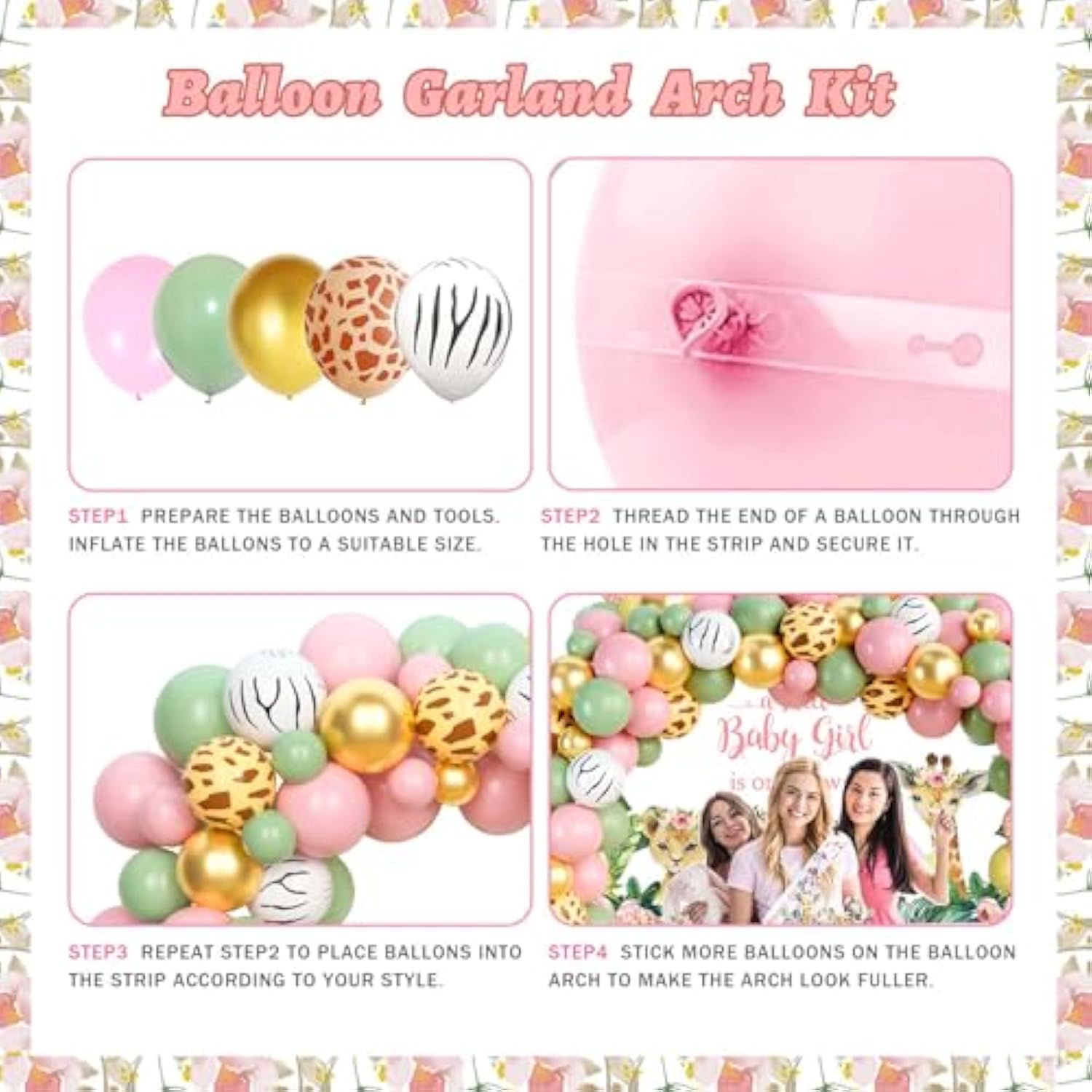 Safari Baby Shower Decorations For Girl, Jungle Themed Décor Backdrop Balloon Garland Arch Artificial Leaves Box Cutout Glitter Banner Cake Topper Sash Lion Cheetah Giraffe Pink 140 Pcs