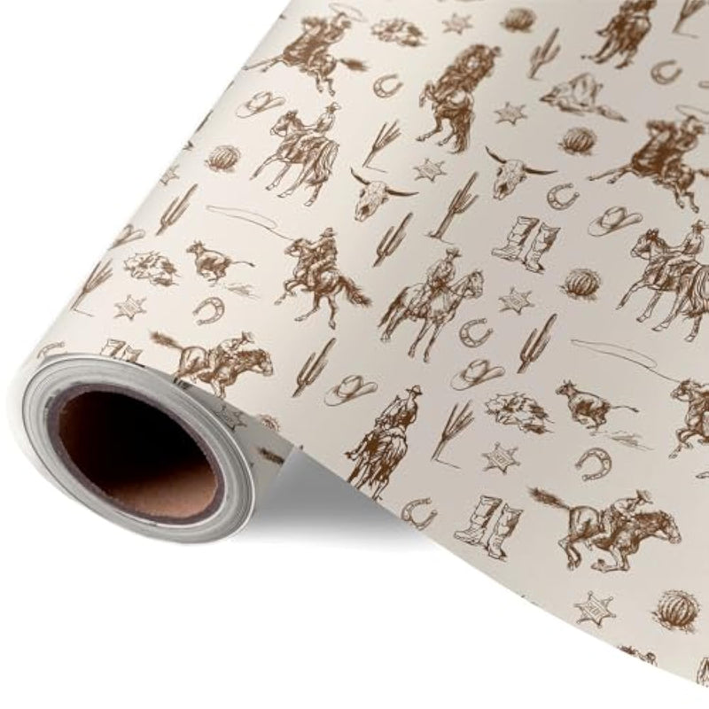 Western Cowboy Wrapping Paper -Mini Roll- 17 Inch X 32.8Ft Brown Wild West Rodeo Gift Wrap Paper Farmhouse Art Paper For Birthday Baby Shower Diy Crafts