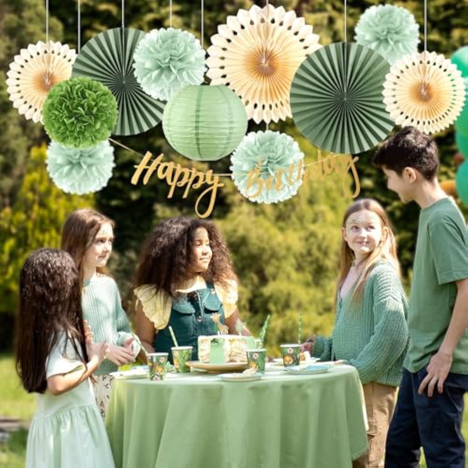 Sage Green Birthday Decor Kit – Banner, Paper Fans, Pom Poms & Lanterns for Boho Parties