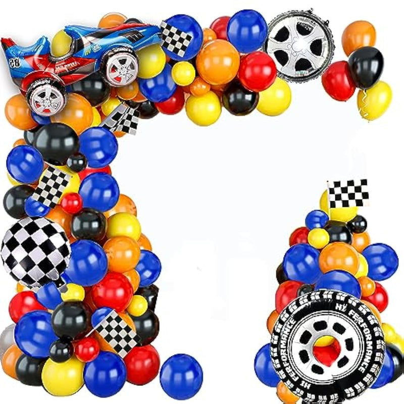 Ynou 121 Pcs Racing Balloons Arch Garland Kit Decorations, Race Car Foil Balloons, Checker Flag For Monster Truck Party, Finish Line, Nascar Party Supplies