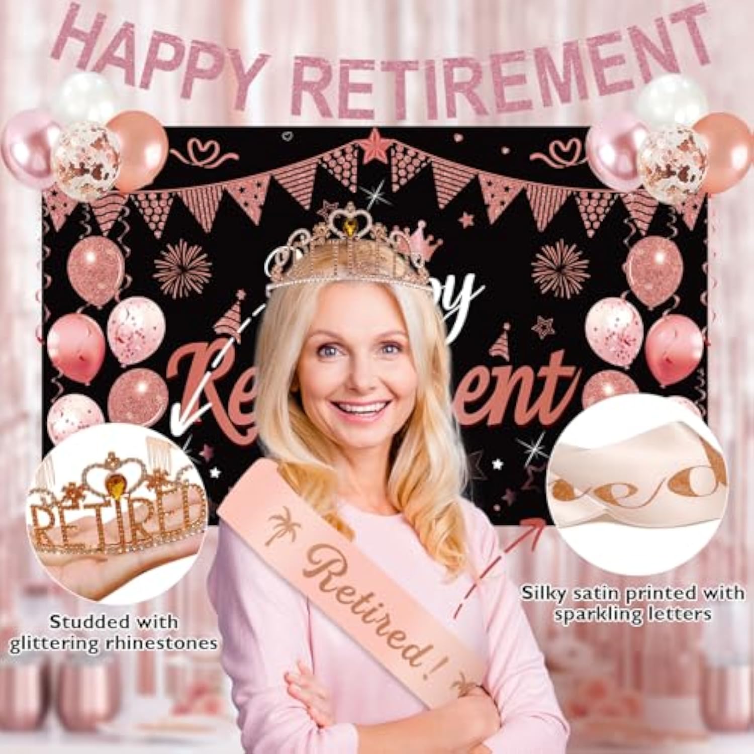 Rose Gold Retirement Party Decorations For Women, Retired Crown And Sash Retirement Backdrop Balloons Cake Toppers Hanging Swirls Retired Parties Supplies 24Pcs