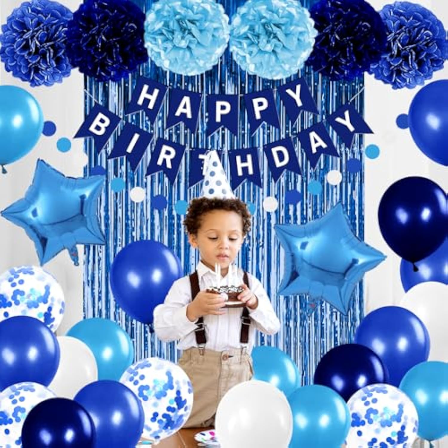 Blue Birthday Decorations – Banner, Balloons, Pom Poms & Foil Curtain for Boys