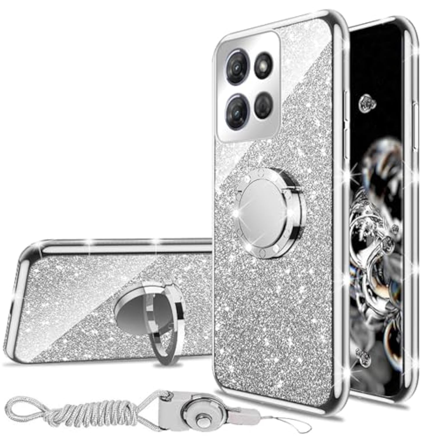 For Motorola Moto G Power 5G 2025 Phone Case (6.8-Inch) With Ring Stand Lanyard Girls Women Men Cute Soft Tpu Glitter Shockproof Protection Cover - Silver