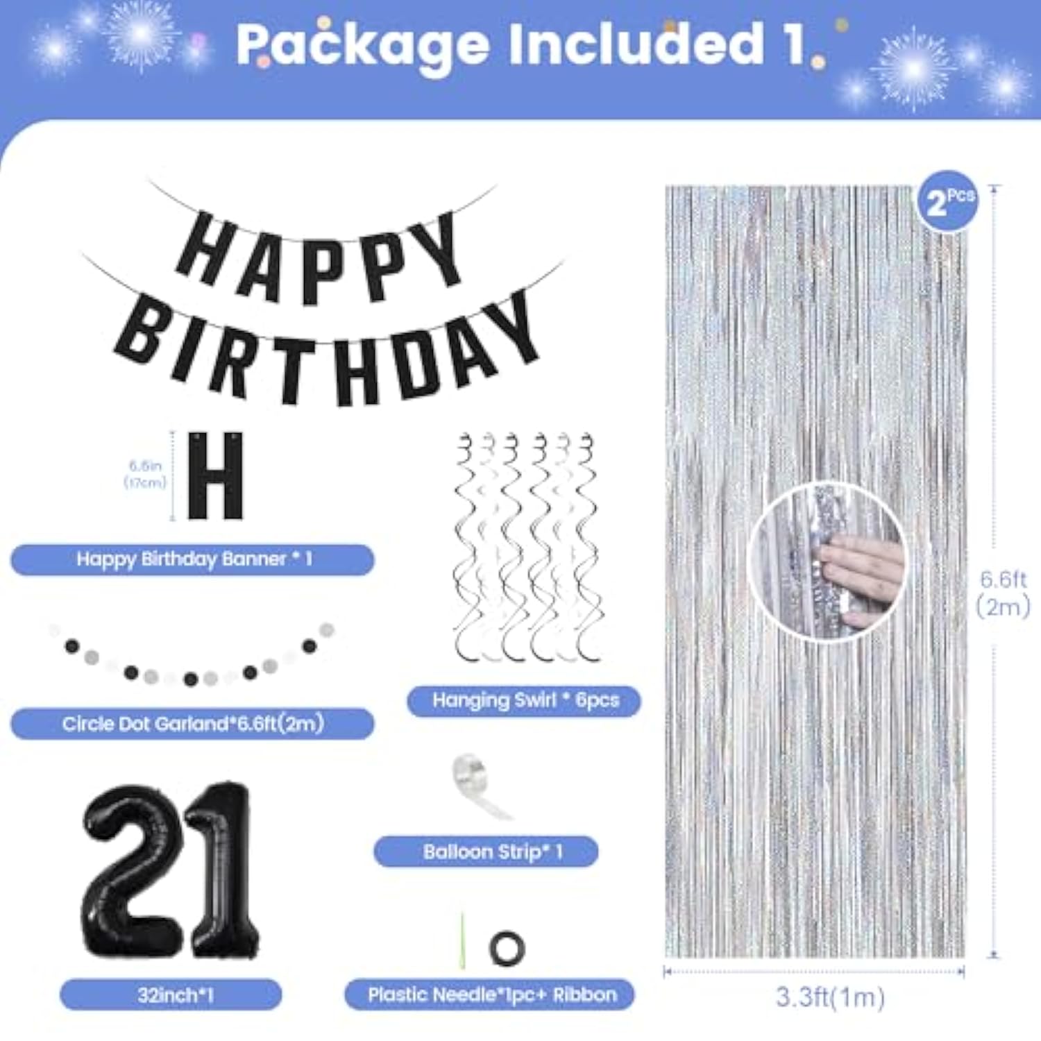 21St Birthday Decorations For Boys Girls, Happy Birthday Decorations For Her Him,21 Black And Silvery Party Kit Supplies