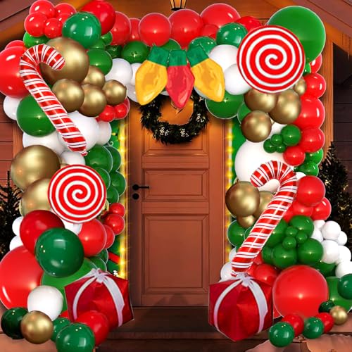 Christmas Balloon Arch Kit - 152 Pcs Red Green Gold Balloon Garland Decor with Candy Cane, Red Star Big Foil for Christma, Birthday, New Year Party Decorations