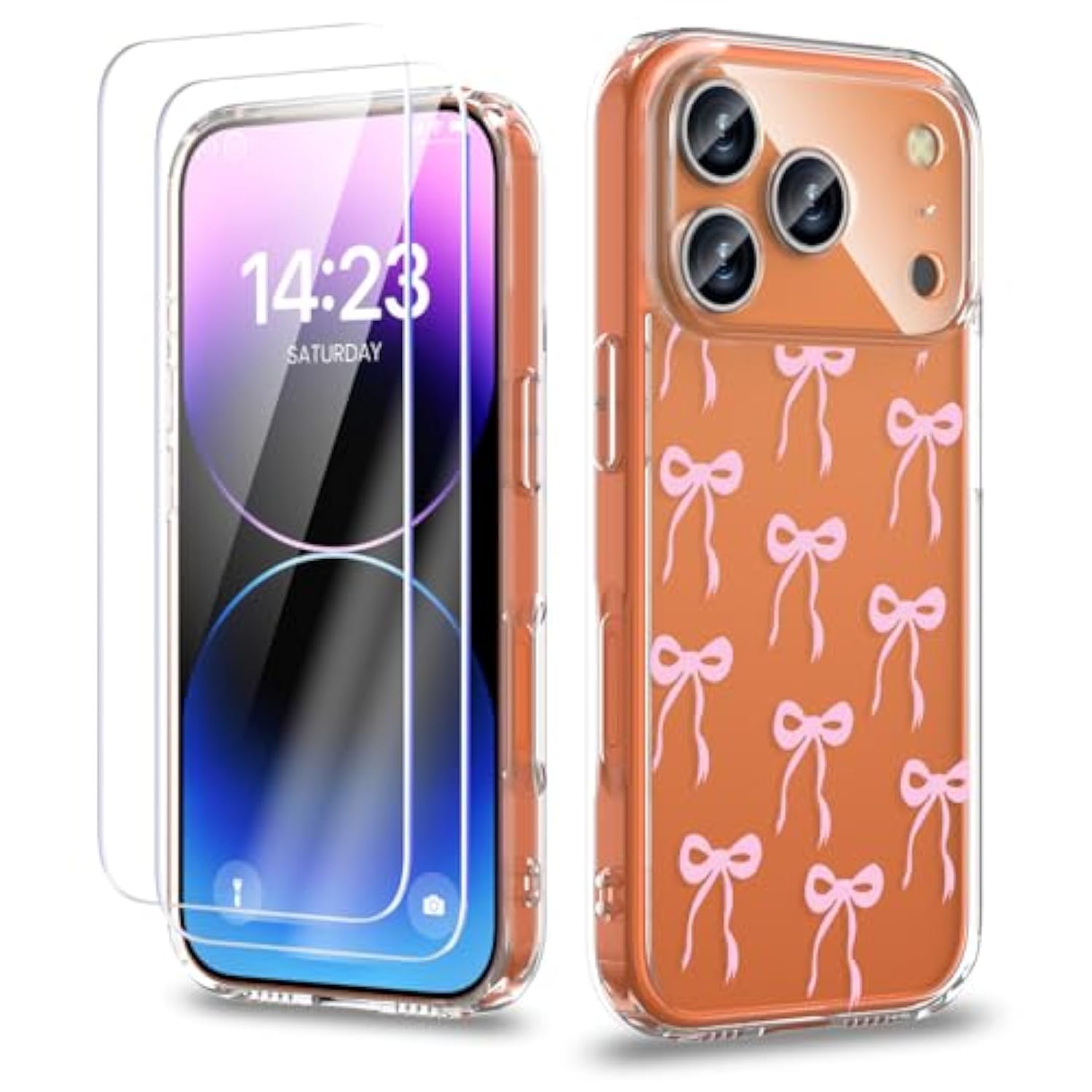 Case Compatible With Iphone 17 Pro Max 6.9 Inch With Screen Protector, Cute Pink Bow Patterns Slim Clear Phone Cover For Women Girl?Full Camera Protection?Anti-Yellowing?Shockproof & Anti-Scratch