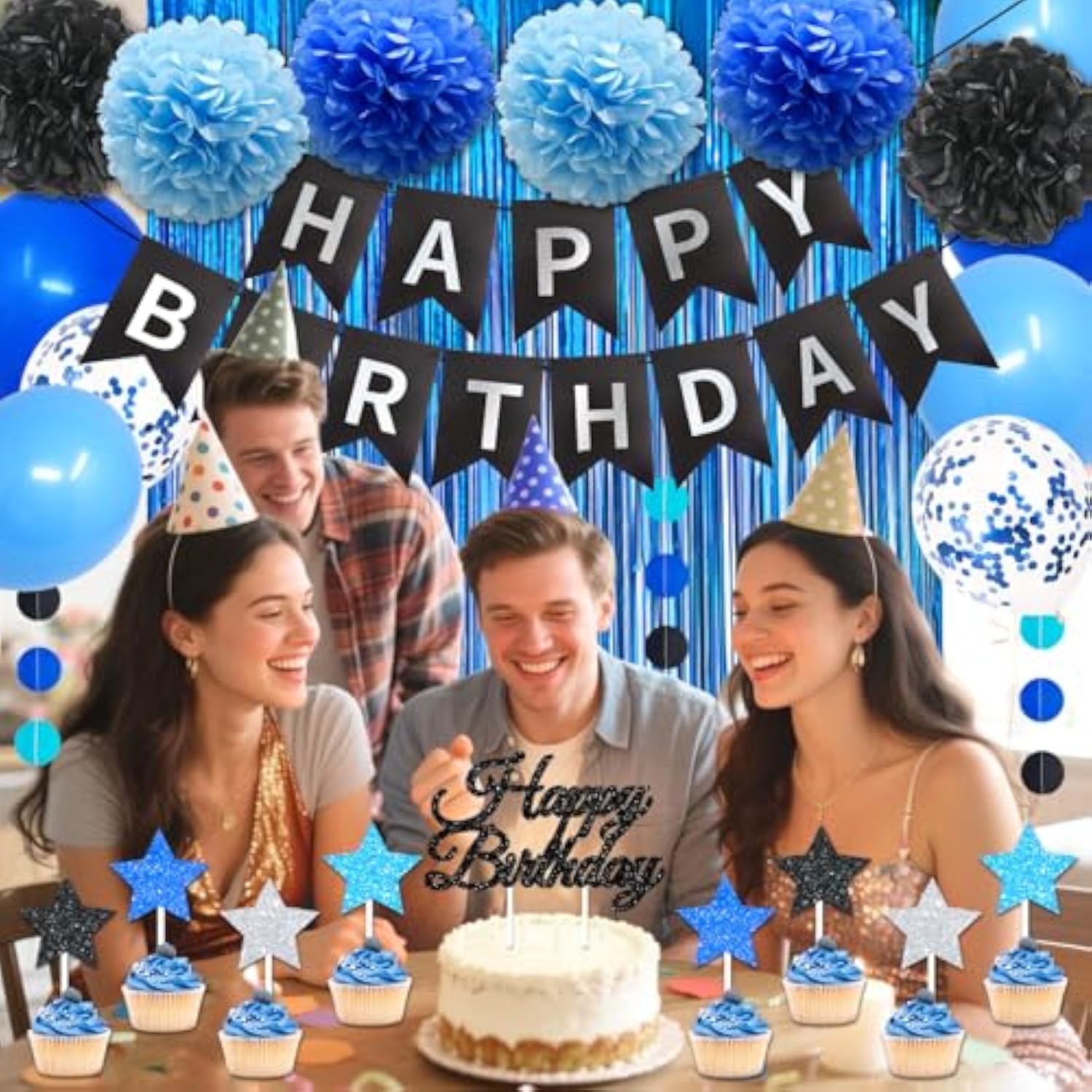 Blue And Black Birthday Decorations, 50Pcs Happy Birthday Decorations For Men With Banner Balloons Sash Foil Fringe Curtain Paper Pompoms, Blue Party Decoration Party Supplies For Boys Kids