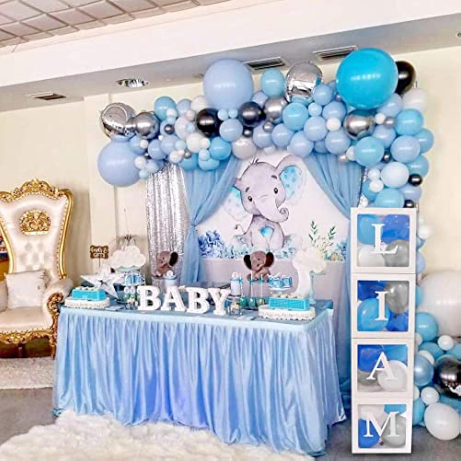 82Pcs Baby Shower Decorations For Boy – Blue White Gray Balloon Box Set With Alphabet Letters – Gender Reveal Party Decor – Transparent Display Cubes For Baby Shower