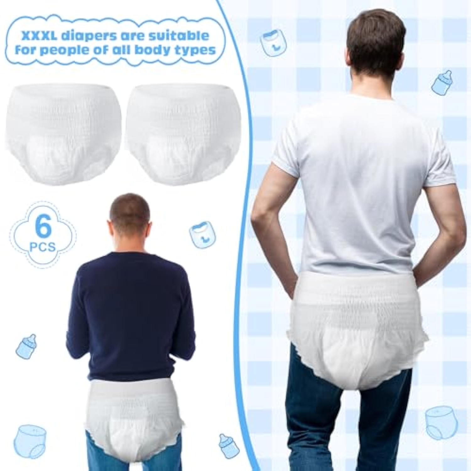 6 Sets Bottle Chug Baby Shower Games Juegos Para Plastic Baby Bottles Bibs Disposable Diapers Gender Reveal Games Baby Changing Diaper Race Game Decoration (Blue)