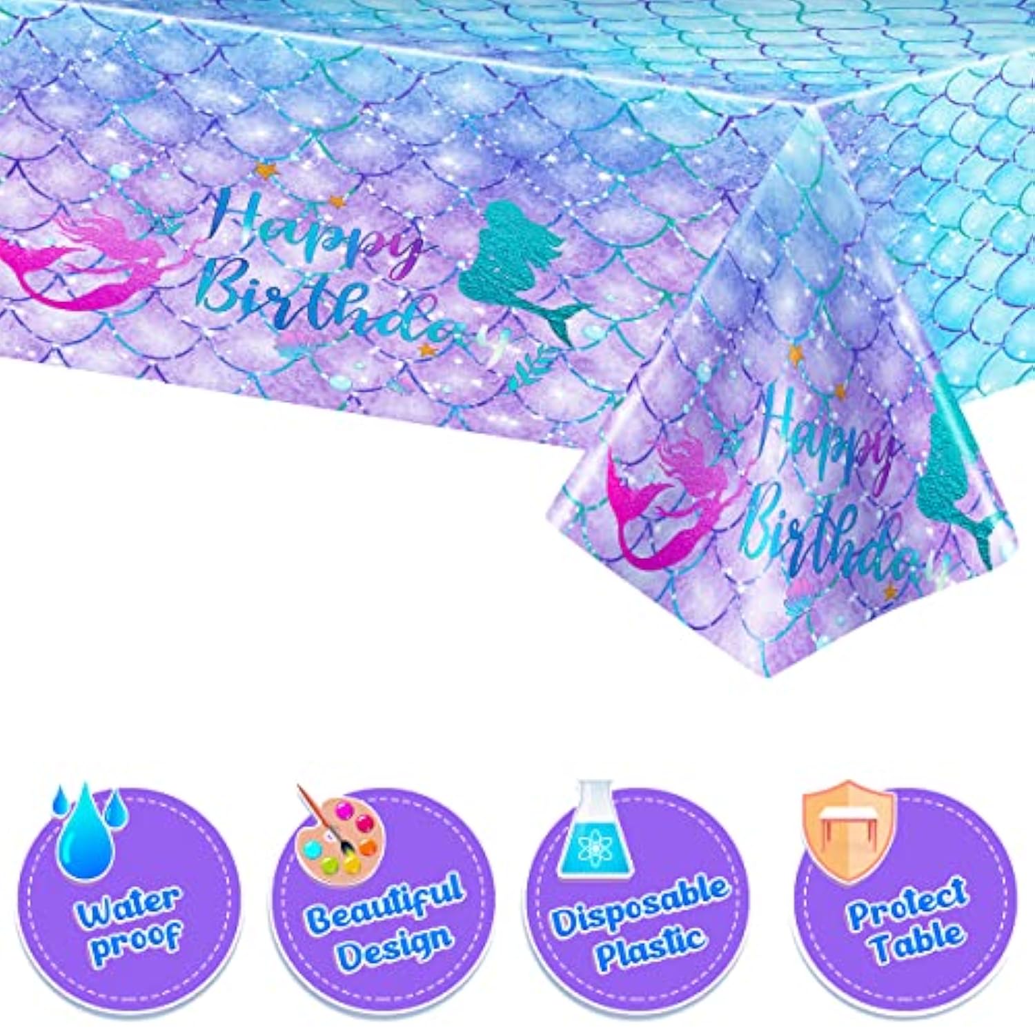 1Pcs Mermaid Birthday Tablecloth For Birthday Party Decoration, Plastic Disposable Rectangle Table Cover For Kids Girls Party Supplies, 54" X 108"