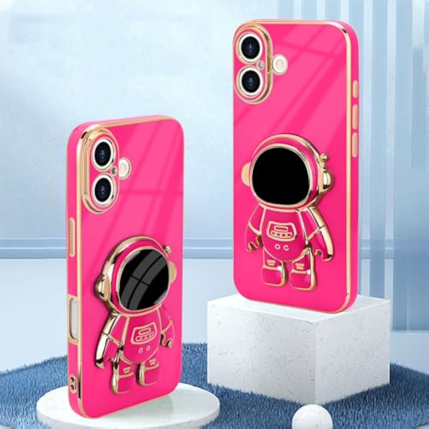 iPhone 16 Plus Case, 3D Astronaut Stand, Camera Protection, Kickstand, Hot Pink