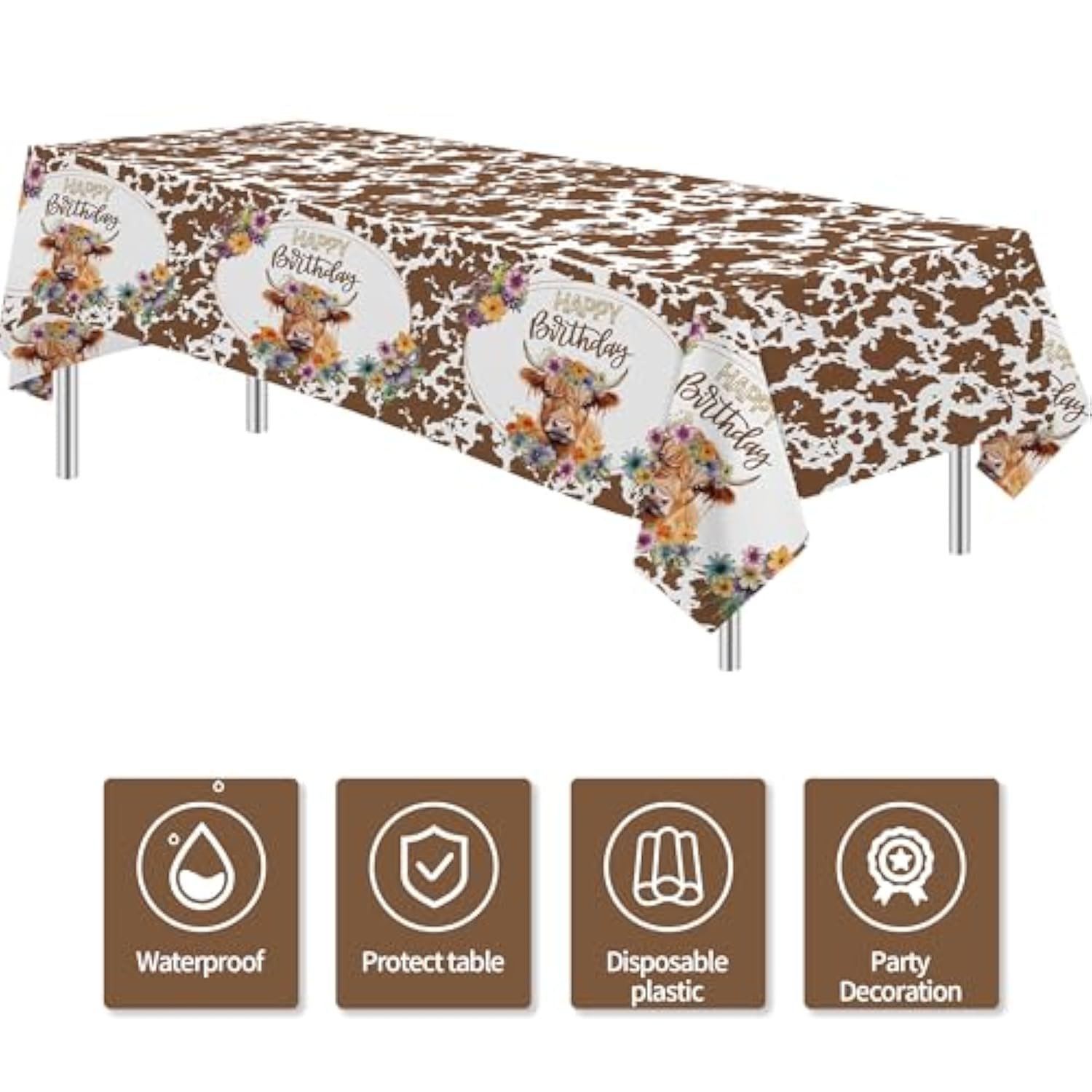 Highland Cow Birthday Decorations Tablecloth, 3 Pack Disposable Floral Boho Holy Cow Highland Theme Party Tablecover Supplies For Western Farm Animals Kids Birthday Baby Shower, 86In X 55In