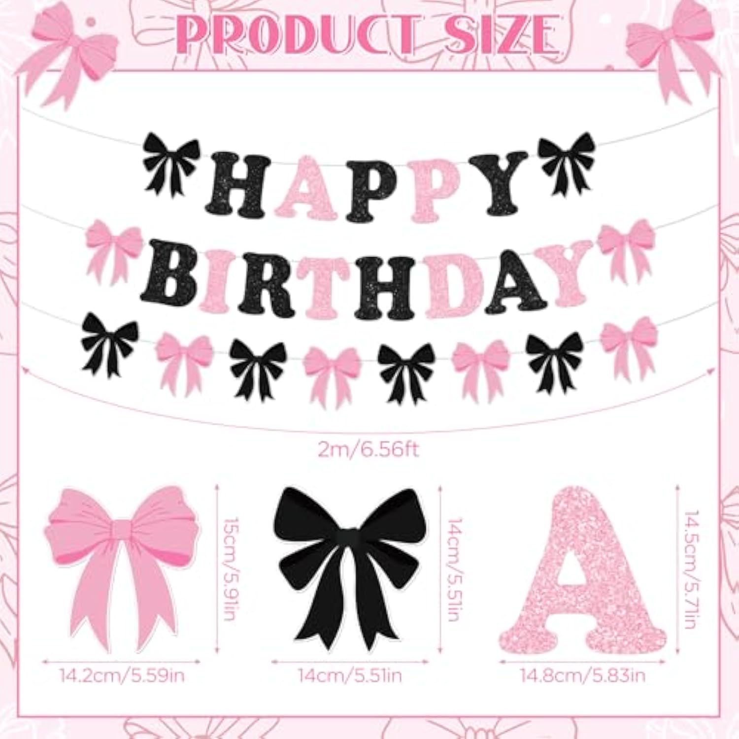 Pink & Black Bow Birthday Decorations Glitter Banner & Garland for Parties