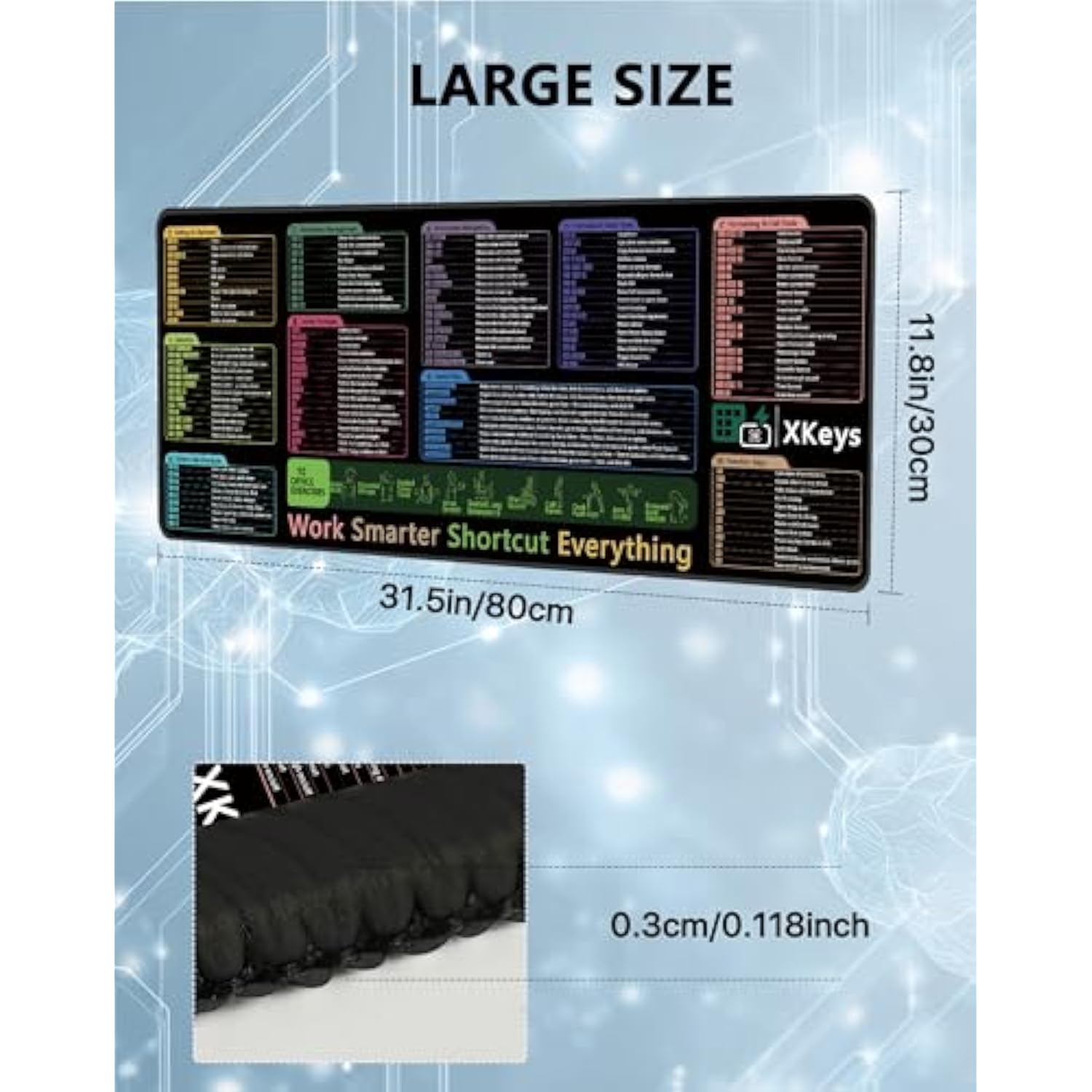 Large Excel Shortcut Keys Mouse Pad Keyboard Shortcuts Cheat Sheet Desk Mat Non-Slip Rubber Mousepad Computer Office Desk Pads (31.5" X 11.8")