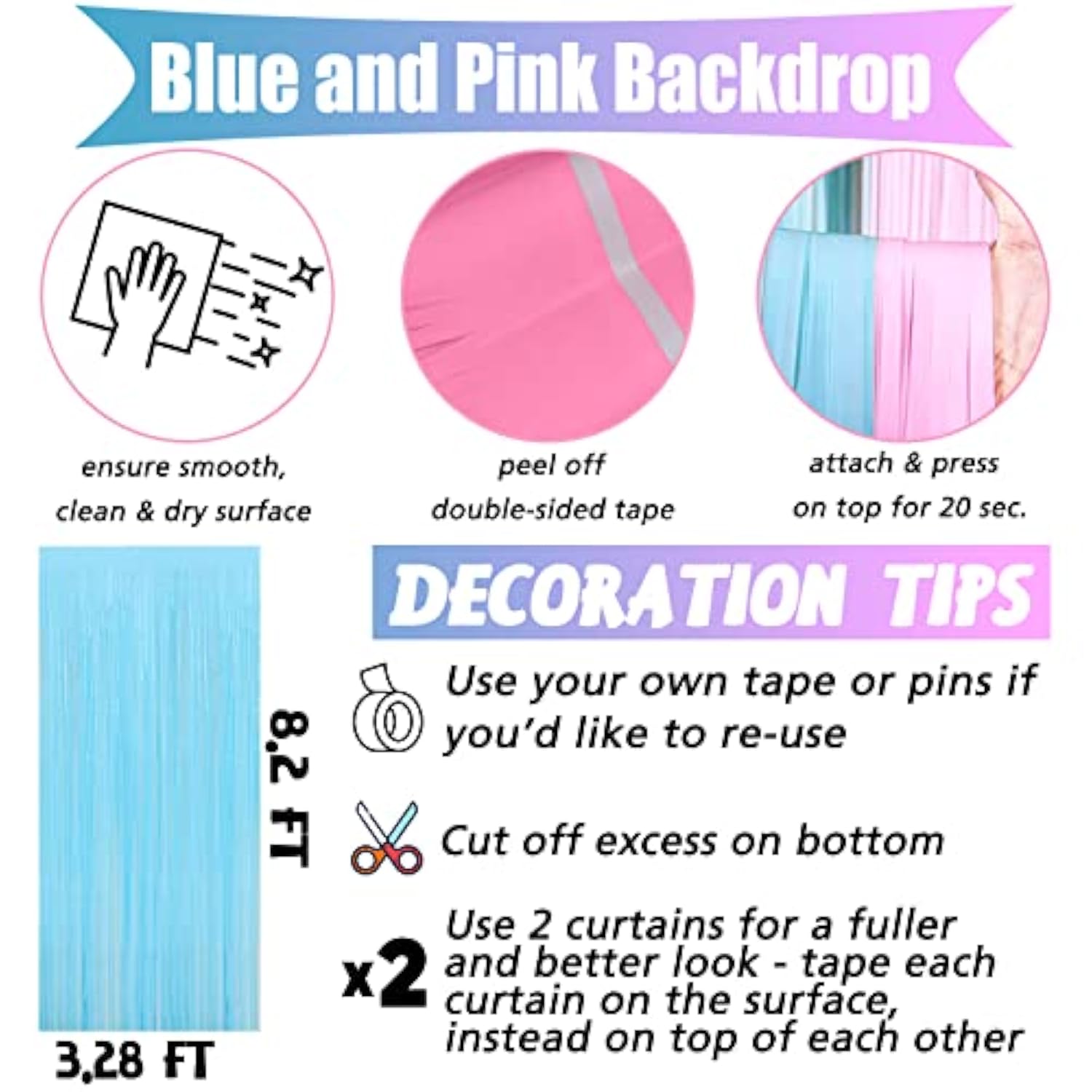 4 Pack 3.2Ft X 8.2Ft Pink Blue Fringe Curtain Backdrop, Metallic Tinsel Foil Fringe Streamers Curtains Background For Photo Booth Wedding Gender Reveal Backdrop Boy Or Girl Birthday Party Decoration