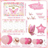 Pink Balloon Arch Kit With Foil Butterfly Balloons, Happy Birthday Backdrop & Tablecloth Decorations For Girl'S Party - 106 Supplies