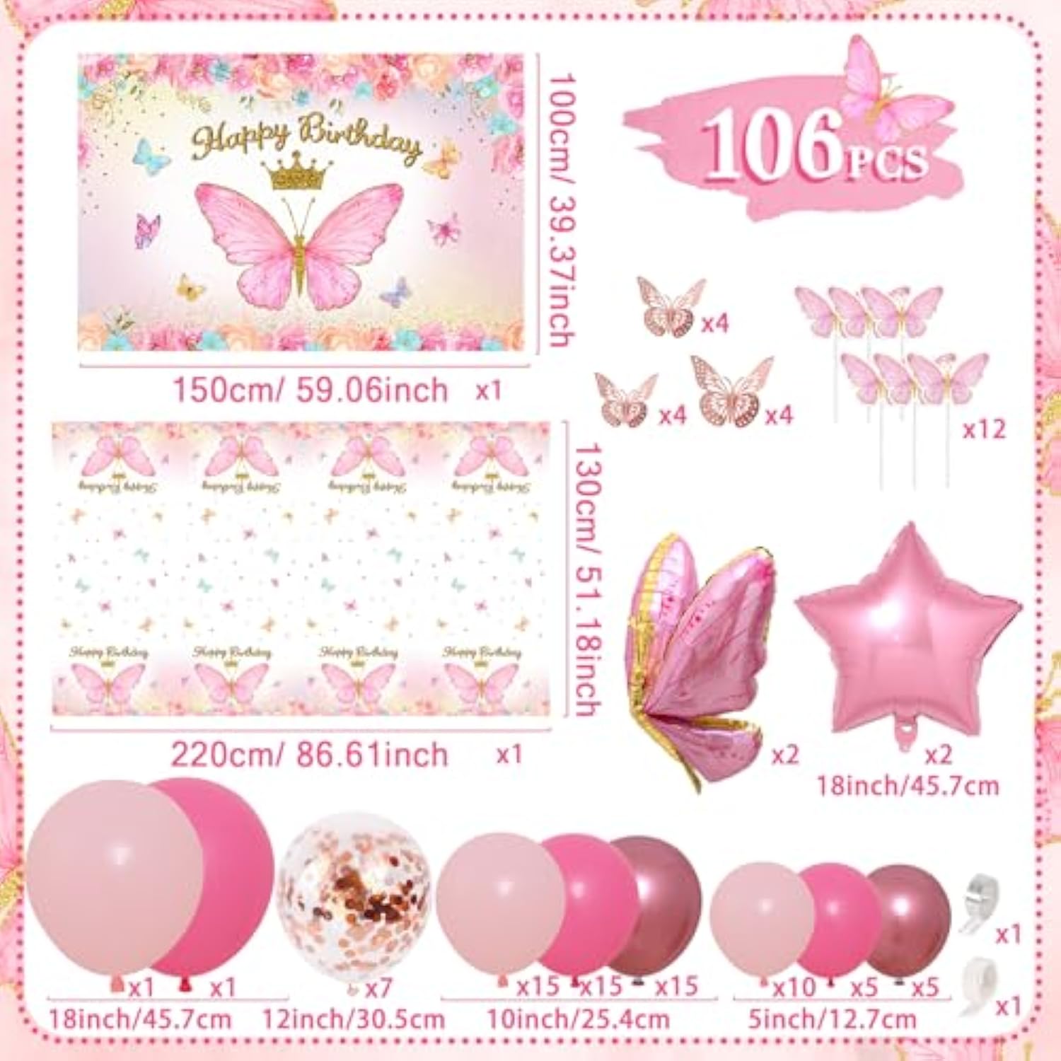 106pcs Butterfly Birthday Kit with Pink Balloons, Backdrop & Tablecloth for Girls
