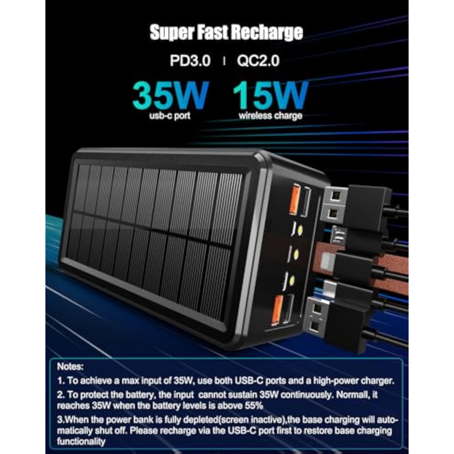 90000Mah Power Bank 35W Fast Charging With Solar Charger - High Capacity Wireless Charger Power Bank For Camping, Travel, Emergencies, Tech Devices | 7-Port Pd/Usb-C, Led Flashlight