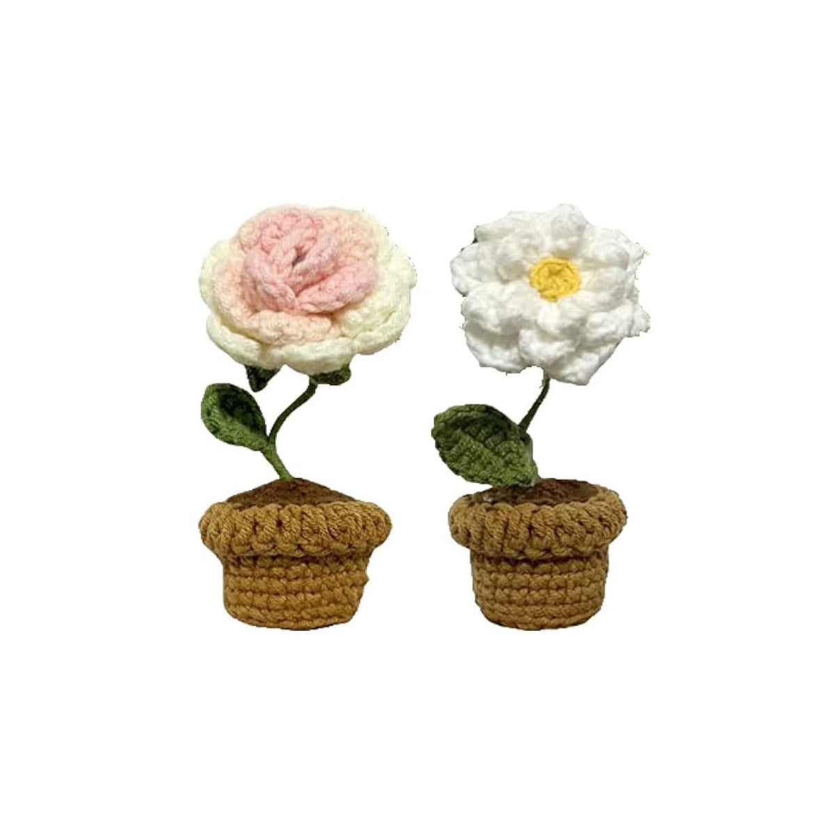 Mini Potted Artificial Plants Crochet Handmade Kintting Flowers For Office Desk Decor And Shelf Decor- For Gift, Birthday, Ideas For Valentine'S Day (Roses And Gardenias)