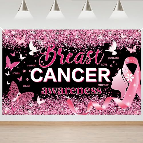 Breast Cancer Awareness Decorations, Breast Cancer Awareness Backdrop,Breasts Cancer Awareness Banner,Pink Ribbon Banner Backdrop for Breast Cancer Decor, 72x43 Inch (BLACK)