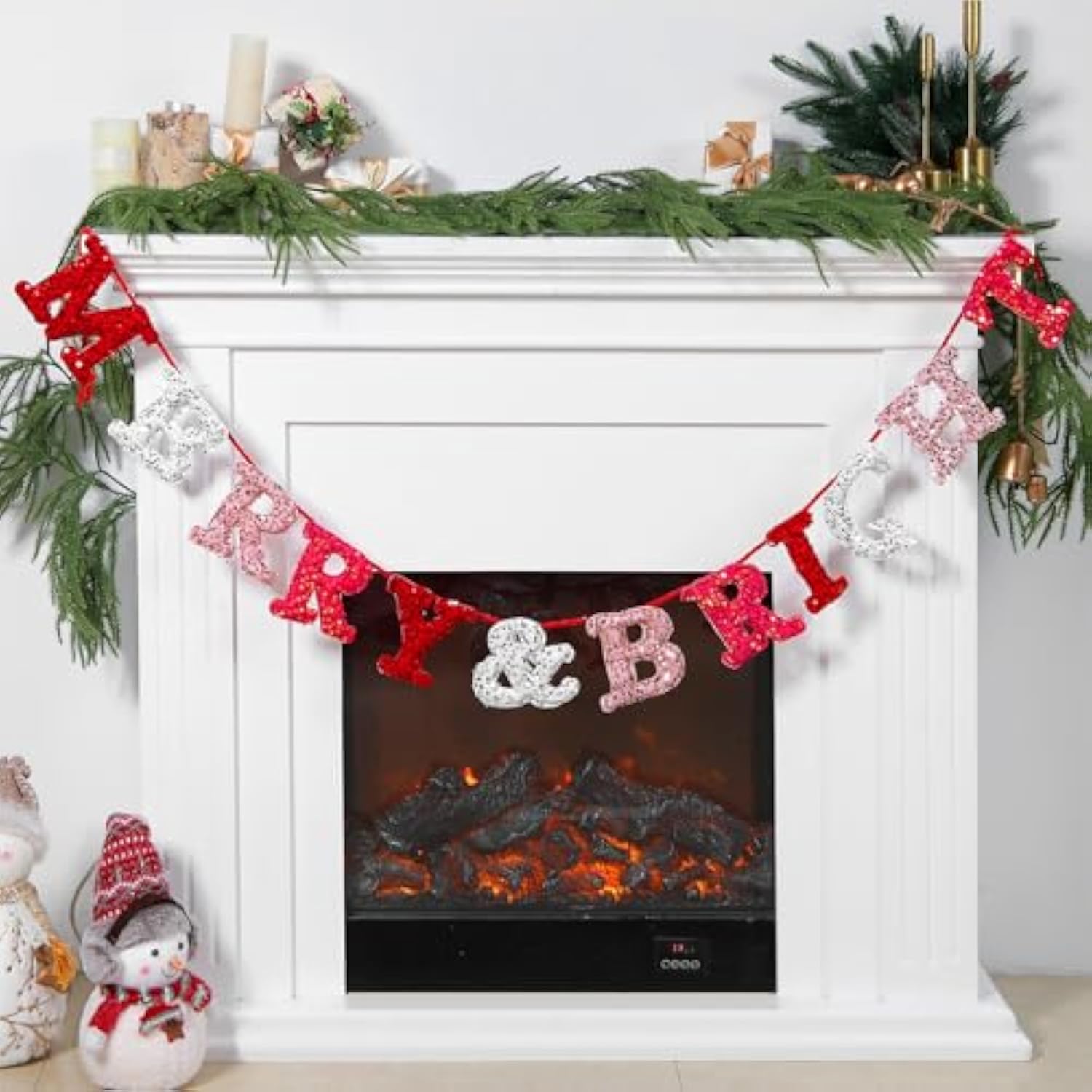 Christmas Square Sequins Merry & Bright Banner 6 Ft Pink And Red Glitter Sign Garland Merry Christmas Bunting For Xmas Home Office Party Mantel Sign Decorations Supplies