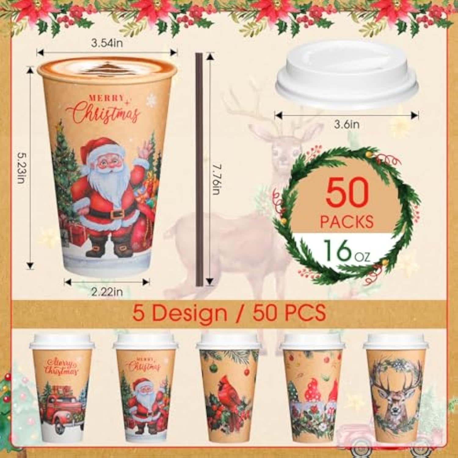 50 Pack Vintage Christmas Coffee Cups 16 Oz With Lids & Straws, Disposable Paper Hot Cocoa & Hot Chocolate Cups, Bulk Holiday Party Supplies For Winter Events, Merry Christmas Designs