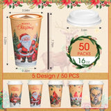 50 Pack Vintage Christmas Coffee Cups 16 Oz With Lids & Straws, Disposable Paper Hot Cocoa & Hot Chocolate Cups, Bulk Holiday Party Supplies For Winter Events, Merry Christmas Designs