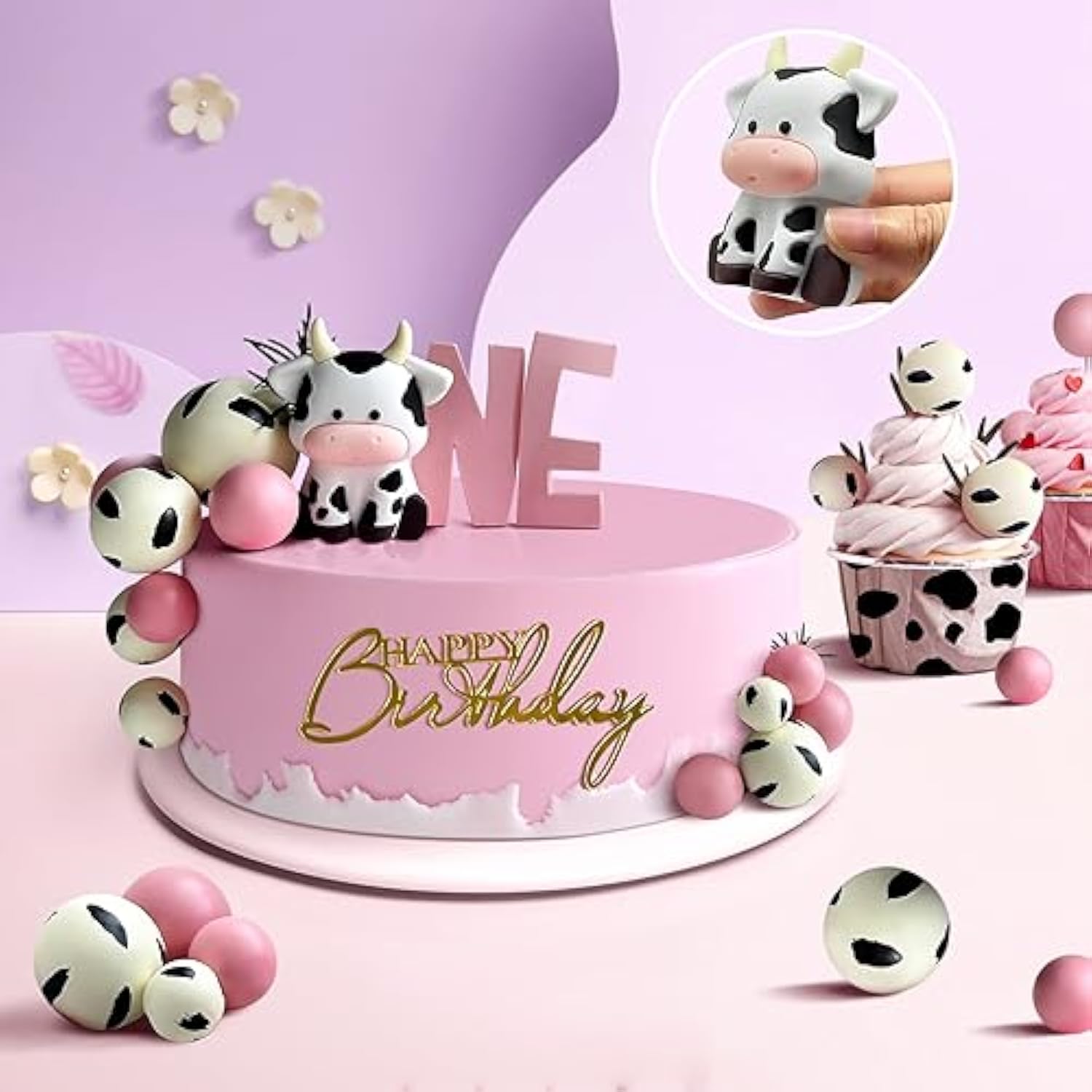 14 Pcs Cow Cake Decorations Pearls Balls Cake Toppers With Gold Happy Birthday Acrylic Cake Topper For Baby Shower Wedding Birthday Party Decor (Pink)