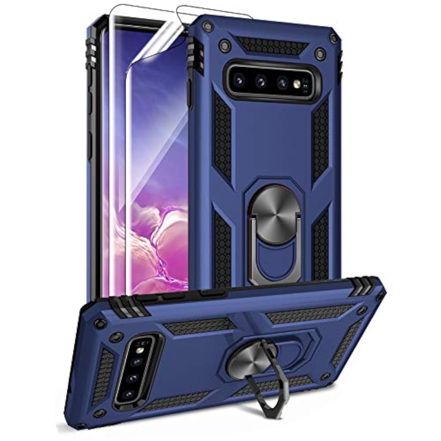 For Samsung Galaxy S10 Case With Hd Screen Protectors, Military-Grade Metal Ring Holder Kickstand 15Ft Drop Tested Shockproof Cover Case For Samsung Galaxy S10 (2019) Blue