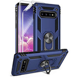 For Samsung Galaxy S10 Case With Hd Screen Protectors, Military-Grade Metal Ring Holder Kickstand 15Ft Drop Tested Shockproof Cover Case For Samsung Galaxy S10 (2019) Blue