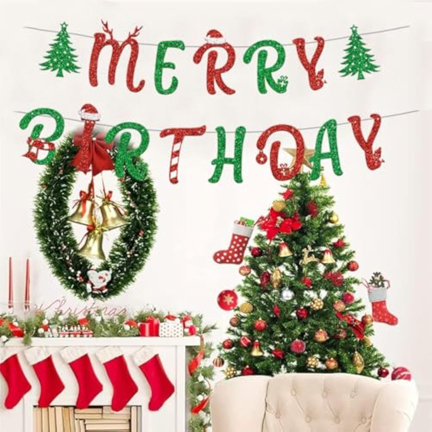Christmas Birthday Banner, Christmases Birthday Party Decorations, Used For Interior Decorations