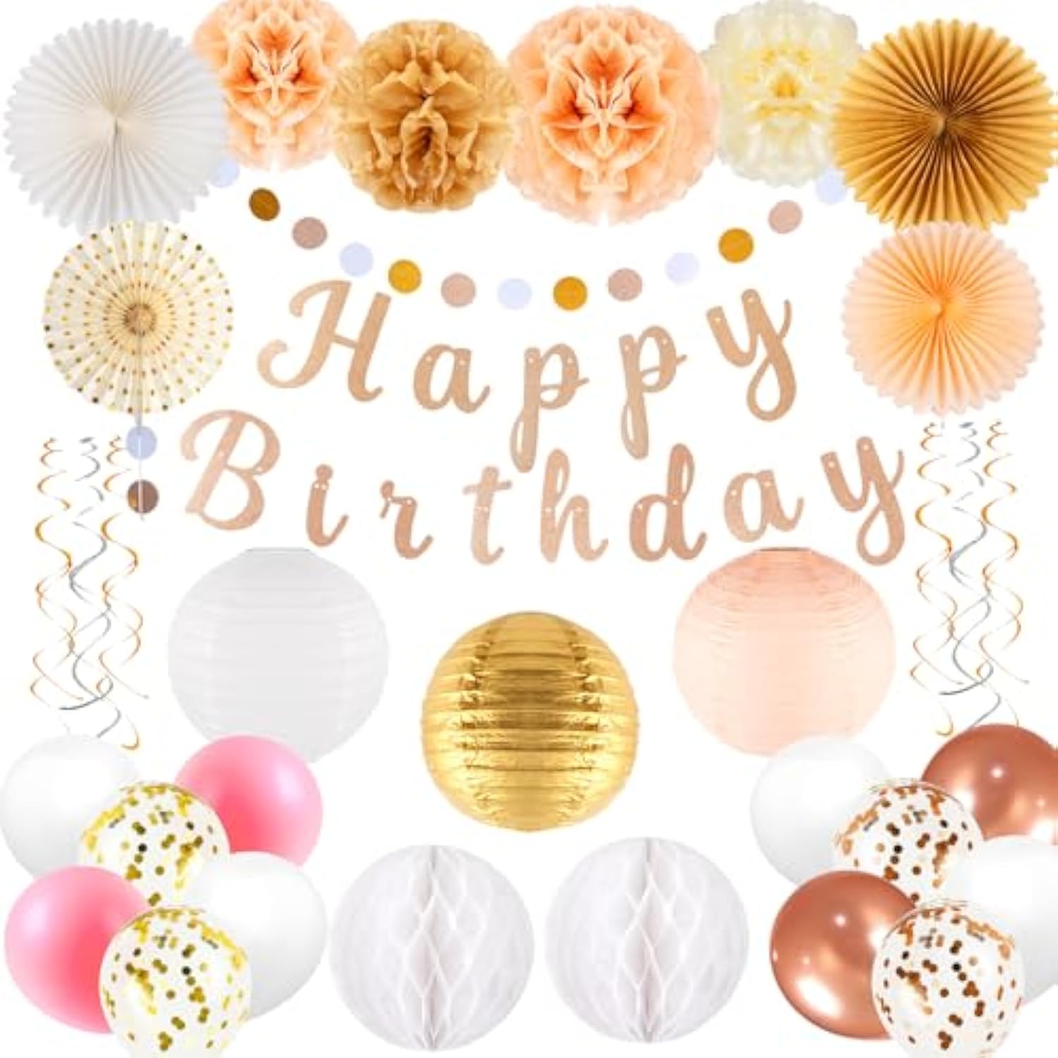 Rose Gold Happy Birthday Party Decorations-33Pcs Happy Birthday Banner, Circle Dots Garland, Paper Lantern, Hanging Swirl Streamers, Fan, Paper Poms, Honeycom Ball And Balloons, Photo Background Decor