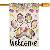 Welcome Dog Paw Tulips Spring Large House Flag Burlap 28X40 Inch Vertical Double Sided Outside Yard Holiday Outdoor Farmhouse Decoration