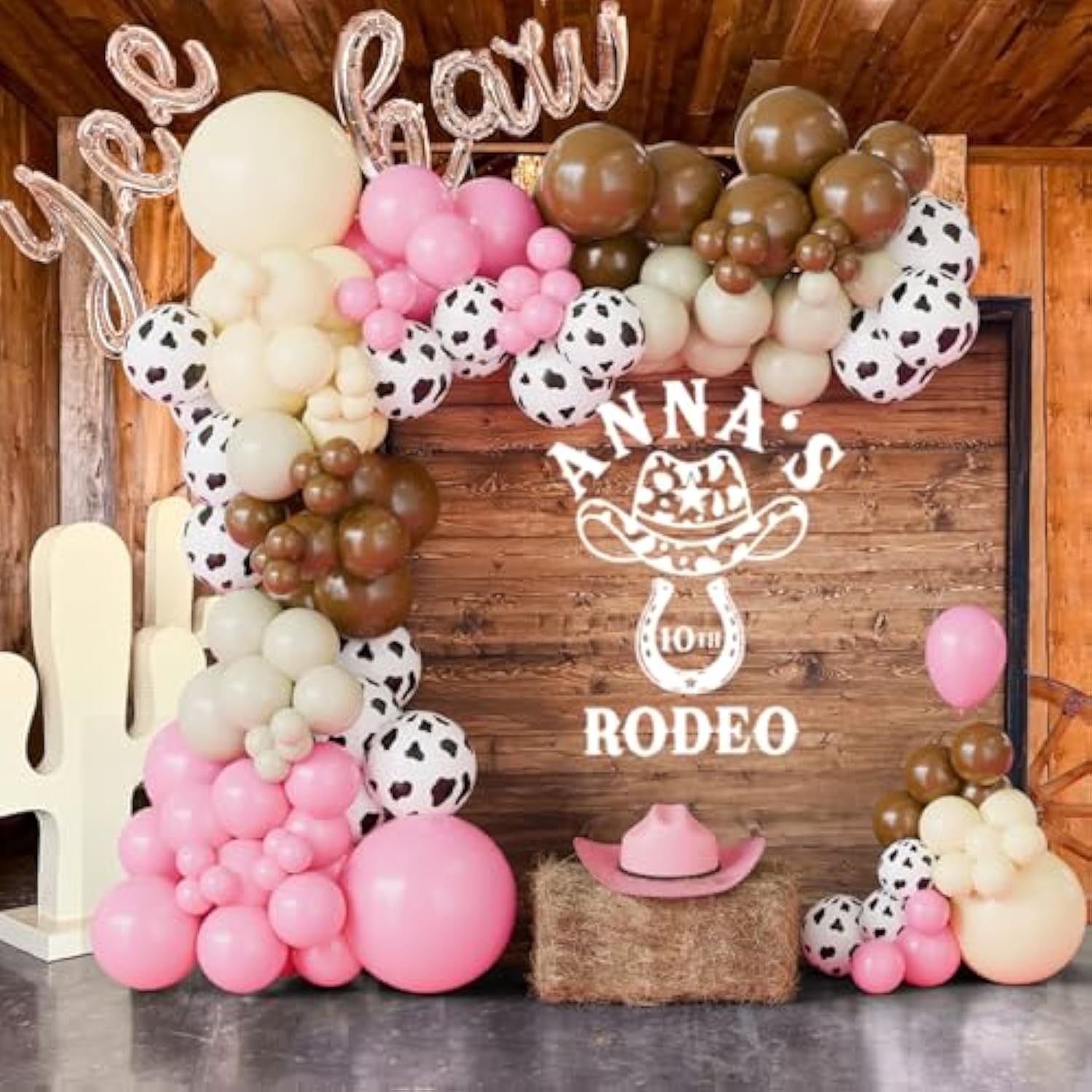Cowgirl Balloon Arch Kit, Brown Pink Ivory White Cow Print Balloons With "Yee Haw" Letter Balloons For Redeo Themed Party Decorations, Western Balloon Garland